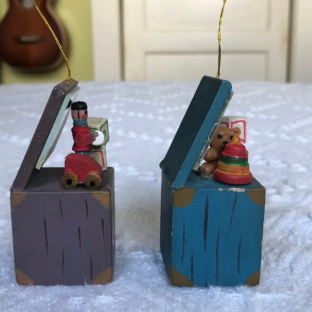 VTG Wooden Toy Chest Christmas Ornaments Noel Set of 2 Hand Painted Glass Mirror
